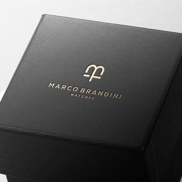 Luxury watch packaging featuring the Marco Brandini logo for an upscale presentation.